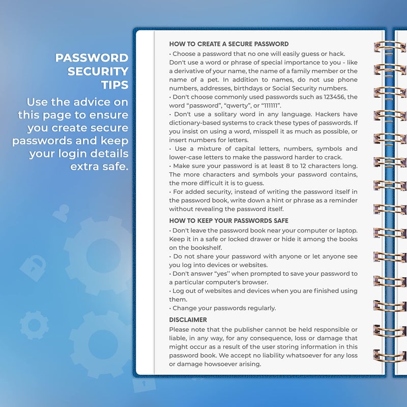Clever Fox Password Book Spiral - Internet Address & Password Organizer with Laminated Alphabetical Tabs - Password Keeper Journal - Hardcover  Medium Size  6.1x7.7  (Mystic Blue) - Image 5
